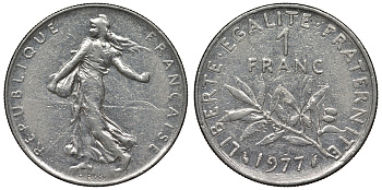 Франция 1 франк 1977 сеятель KM 925.1, Le Franc 226.22 никель 4128-433
