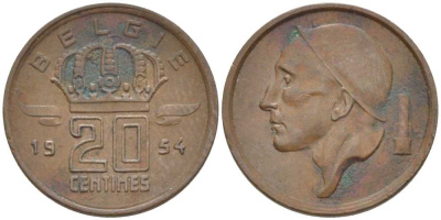 Бельгия 20 сантимов 1954 Belgie, Бодуэн I (1951-1993) KM 147.1 бронза 116-947