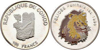 Конго 500 франков 1996 семейство кошачьи - лев, цветная эмаль KM 42 серебро PROOF 00-00