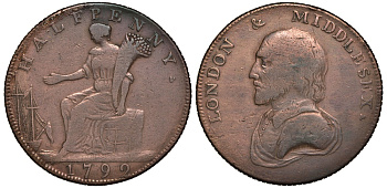 Великобритания 1/2 пенни 1792 Миддлсекс - Лондон, бюст Шекспира Dalton & Hamer 928 медь 603-1335