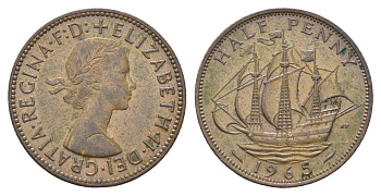 Великобритания 1/2 пенни 1965 Елизавета II (1952-2022) KM 896, Spink 4158 бронза    4660-646