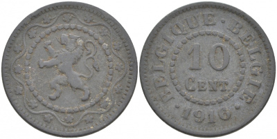 БЕЛЬГИЯ 10 САНТИМОВ 1916 НЕМЕЦКАЯ ОККУПАЦИЯ KM 81 цинк 68-224