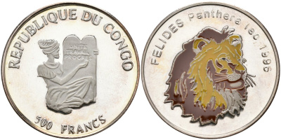 Конго 500 франков 1996 семейство кошачьи - лев, цветная эмаль KM 42 серебро PROOF 04-319-41