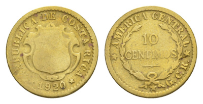 Коста-Рика 10 сентимо 1920 KM 152 латунь 4644-328