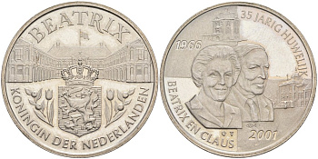Нидерланды медаль 2001 35 ЛЕТ СВАДЬБЫ Беатрикс И КЛАУСА (1966-2001), диаметр 30 мм., вес 15,57 гр. медно-никель PROOF 4565-713