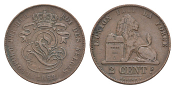 Бельгия 2 сантима 1863 Леопольд I (1831-1865) KM 4 медь 4615-635