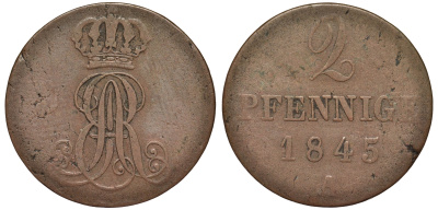 Ганновер 2 пфеннига 1845 A, Эрнст Август (1837-1851) KM 174.1, AKS 122, J. 55 медь 75-1817