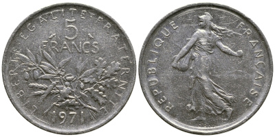 Франция 5 франков 1971 сеятель KM 926a.1, Le Franc 341.3 медно-никель плакированный никелем 51-4634
