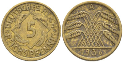 ГЕРМАНИЯ 5 РЕЙХСПФЕННИГОВ 1936 А KM 39, J. 316, Weege 7 алюминиевая бронза 3309-1254
