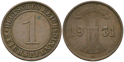 Германия 1 рейхспфенниг 1931 A KM 37, J. 313 бронза 4189-1137