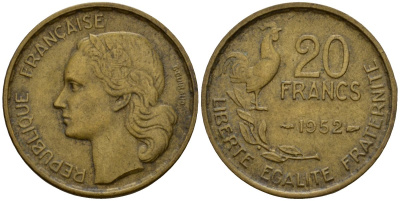 Франция 20 франков 1952 KM 917 алюминиевая бронза 4601-736