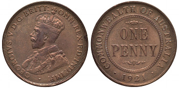 АВСТРАЛИЯ 1 ПЕННИ 1921 ГЕОРГ V KM 23 бронза 189-425
