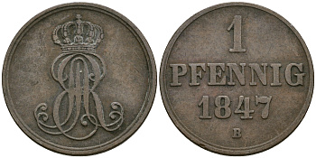 Ганновер 1 пфенниг 1847 B, Эрнст Август (1837-1851) KM 201.1, AKS 129, J. 74 медь 08-1339