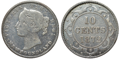 Ньюфаундленд 10 центов 1872 H, Виктория (1837-1901) KM 3 серебро    1519-312