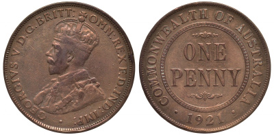 АВСТРАЛИЯ 1 ПЕННИ 1921 ГЕОРГ V KM 23 бронза 189-425