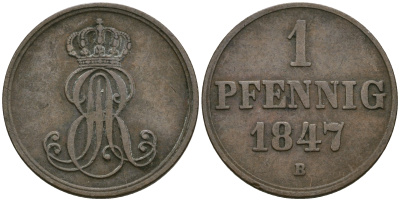 Ганновер 1 пфенниг 1847 B, Эрнст Август (1837-1851) KM 201.1, AKS 129, J. 74 медь 08-1339