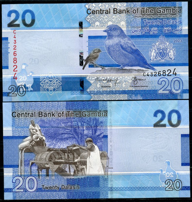 Гамбия 5, 10, 20, 50, 100 и 200 даласи 2023 серия птиц Pick 37, 38, 39, 40, 41, 42  бумага  UNC (пресс) 448-14-1-2