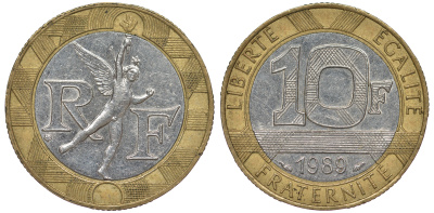 Франция 10 франков 1989 тип гений Бастилии KM 964.1, Le Franc 375.3 биметалл  45-643