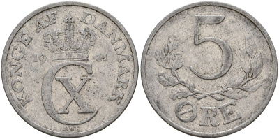 Дания 5 эре 1941 N; S, Кристиан X (1912-1947) KM 834 цинк 4156-1032