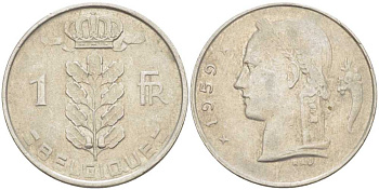 БЕЛЬГИЯ 1 ФРАНК 1959 BELGIQUE, БОДУЭН I (1951-1993) KM 142.1 медно-никель 213-512