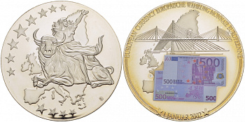 НИДЕРЛАНДЫ МЕДАЛЬ 2002 ПОХИЩЕНИЕ ЕВРОПЫ, КУПЮРА 500 ЕВРО, СЕРЕБРЕНИЕ, ЦВЕТНАЯ ЭМАЛЬ, ДИАМЕТР 50 ММ. ВЕС 54 ГР. медно-никель PROOF 01-237-43