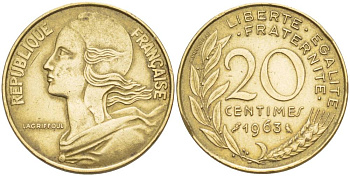 ФРАНЦИЯ 20 САНТИМОВ 1963 ТИП MARIANNE KM 930, LE FRANC 156.3 медь алюминий никель 4551-625