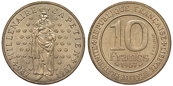 Франция 10 франков 1987 1000 лет первому королю Франции Гуго Капету KM 961 d, Le Franc 371.2 никелированная бронза 4123-635