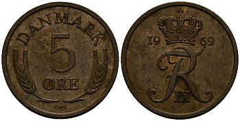 Дания 5 эре 1969 Фредерик IX (1947-1972) KM 848 бронза 4176-543