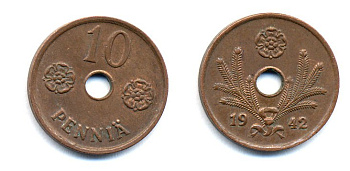 ФИНЛЯНДИЯ 10 ПЕННИ 1942 KM 33.1 медь 51-4946