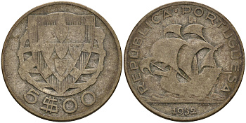 Португалия 5 эскудо 1932 KM 581 серебро 4563-1025