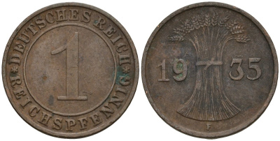 Германия 1 рейхспфенниг 1935 F KM 37, J. 313 бронза 4124-814