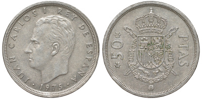 Испания 50 песет 1975 (79) Король Хуан Карлос I (1975-2014) KM 809 медно-никель 4168-1125