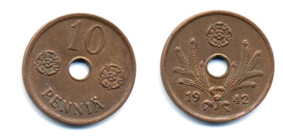 ФИНЛЯНДИЯ 10 ПЕННИ 1942 KM 33.1 медь 51-4946