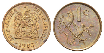 ЮАР 1 цент 1983 герб, капские воробьи KM 82 бронза UNC 4696-929