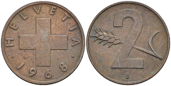 Швейцария 2 раппена 1968 В KM 47 бронза 4582-925