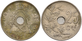 Бельгия 25 сантимов 1929 BELGIQUE KM 68 медно-никель 4117-1136