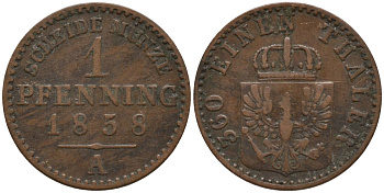 Пруссия 1 пфенниг 1858 A, Фридрих Вильгельм IV (1840-1861) KM 451 медь 4532-331