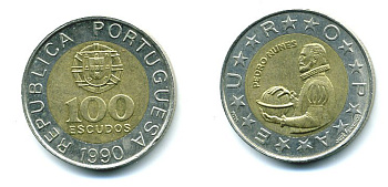 Португалия 100 эскудо 1990 Педру Нуниш (1502-1578), математик KM 645.1 биметалл 25-337