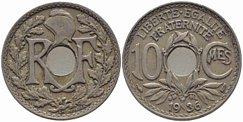 ФРАНЦИЯ 10 САНТИМОВ 1936 ТИП ЛИНДАЙЁ KM 866а, LE FRANC 138.23 медно-никель 108-227
