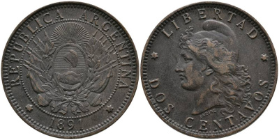 Аргентина 2 сентаво 1891 голова свободы влево KM 8 бронза 4531-1046