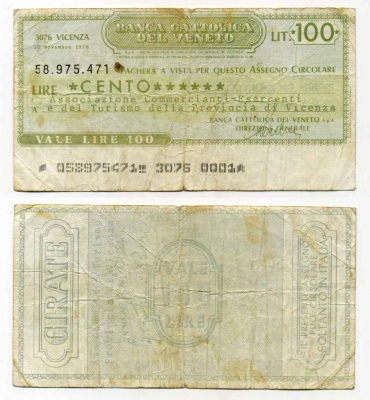 Италия чек на 100 лир 1976 Banca cattolica del veneto, ассоциация торговцев участников и туризма провинции vicenza, 20 ноября 1976 бумага 8588-16-2-1