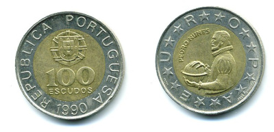 Португалия 100 эскудо 1990 Педру Нуниш (1502-1578), математик KM 645.1 биметалл 25-337