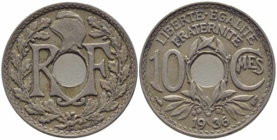 ФРАНЦИЯ 10 САНТИМОВ 1936 ТИП ЛИНДАЙЁ KM 866а, LE FRANC 138.23 медно-никель 108-227