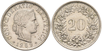 Швейцария 20 раппенов 1969 В KM 29а медно-никель 4592-921