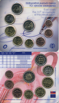 Словакия евронабор из 8 монет + 2 евро 2012 10 лет введения евро, как валюты, в пластиковой запайке и оригинальном картонном буклете UNC 1-4-2-19