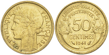 ФРАНЦИЯ 50 САНТИМОВ 1941 ТИП MORLON KM 894.1, LE FRANC 192.18 алюминиевая бронза 44-446