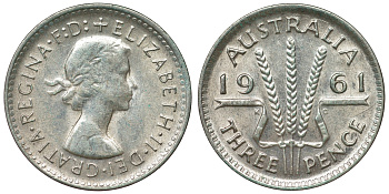 Австралия 3 пенса 1961 m, Елизавета II (1952-2022) KM 57 серебро 71-757