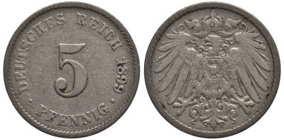 ГЕРМАНИЯ 5 ПФЕННИГОВ 1899 J KM 11, Jager 12, Weege 6 медно-никель 4547-367