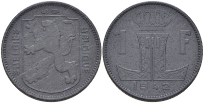 БЕЛЬГИЯ 1 ФРАНК 1942 BELGIE-BELGIQUE, ГЕРМАНСКАЯ ОККУПАЦИЯ KM 128 цинк 31-1237