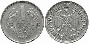ФРГ 1 МАРКА 1962 F KM 110, J. 385 медно-никель 113-147